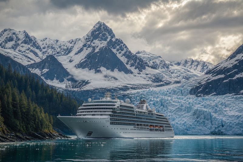 Cruise ship sailing past a blue glacier and snow-capped mountains in Alaska's Inside Passage