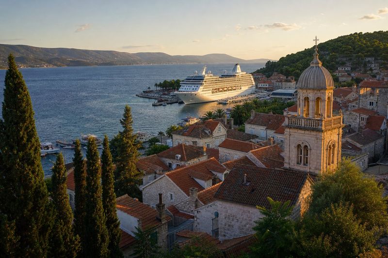 Cruise ship docked beside a historic Mediterranean harbour town at golden hour