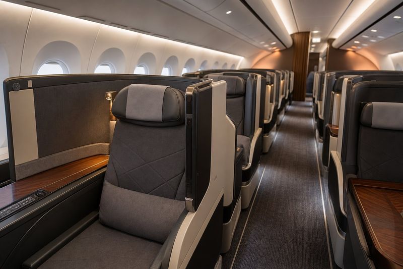 Business class cabin with lie-flat suite seats, direct aisle access and mood lighting