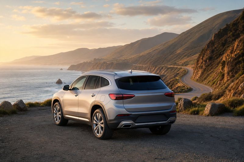 Silver SUV parked at a coastal highway overlook at golden hour