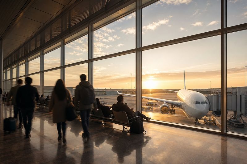 Sunlit airport departure terminal with an aircraft parked at the gate