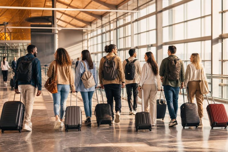 A group of travelers walking together with luggage through an airport concourse
