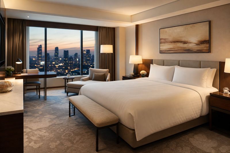 Luxury hotel room with a king bed and city skyline view at dusk
