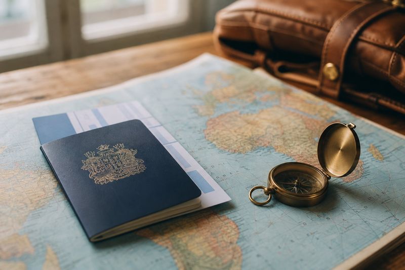 Passport, boarding pass and compass resting on a world map, representing international trip planning