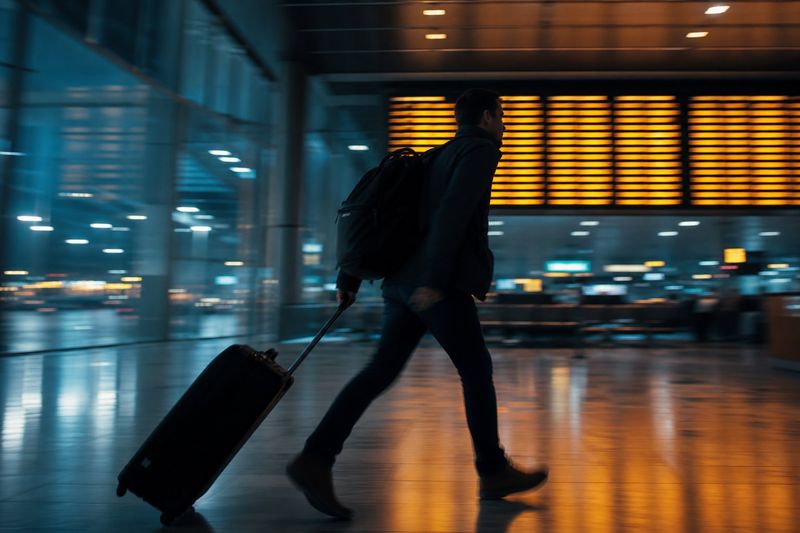 Traveler hurrying through an airport terminal at night past a departure board