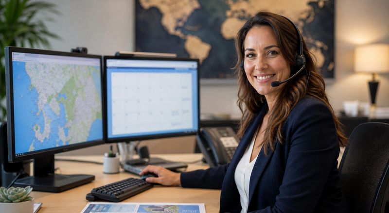 A Fareobuzz travel agent wearing a headset working at a desk with two monitors
