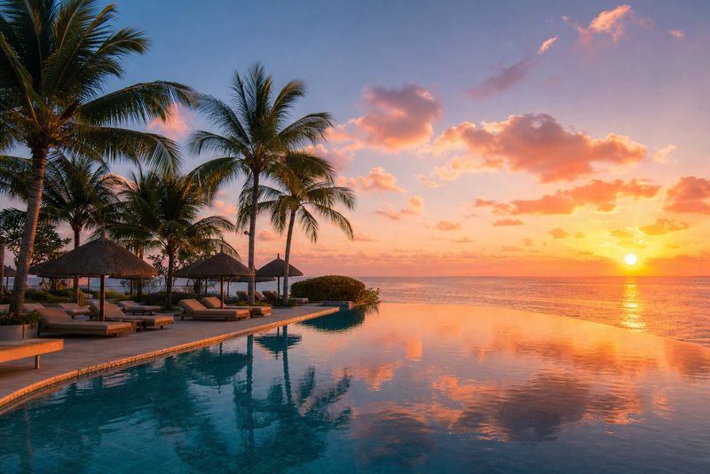 Tropical resort infinity pool at sunset with palm trees and loungers